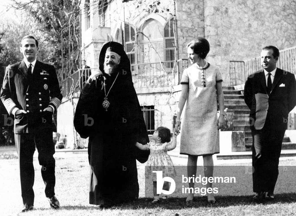 king Constantin II of Greece with his wife Queen Anne Marie and their daughter Princess Alexia with Cypriot President Makarios III and greek minister of foreign affairs Kyprianou (d) in the gardens of the Royal palace February 07, 1967