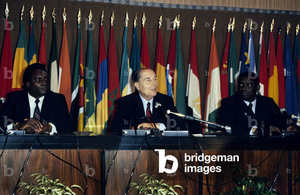 Franco-African summit : President Eyadema (Togo),French President Francois Mitterrand and Habyarimana (Rwanda) in 1985 in Paris