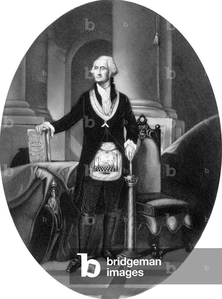George Washington (1732-1799) first American President member of the Grand Lodge of Alexandria (he's wearing the apron and the sash, engraving
