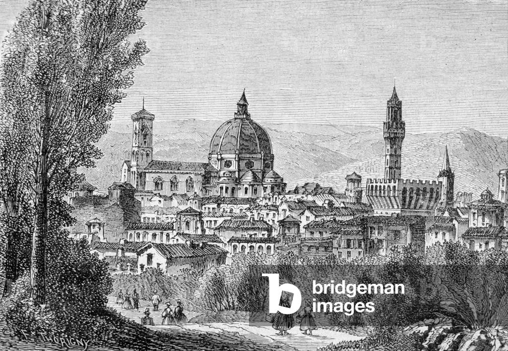 Florence, Italy : the cathedral (Duomo), from the Boboli gardens, engraving c. 1850