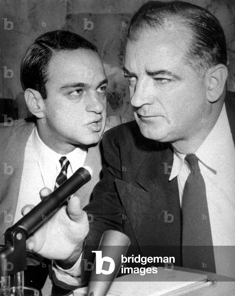 Senator Joseph McCarthy and Roy Cohn lawyer testifying before Senate committee in the early 1950s