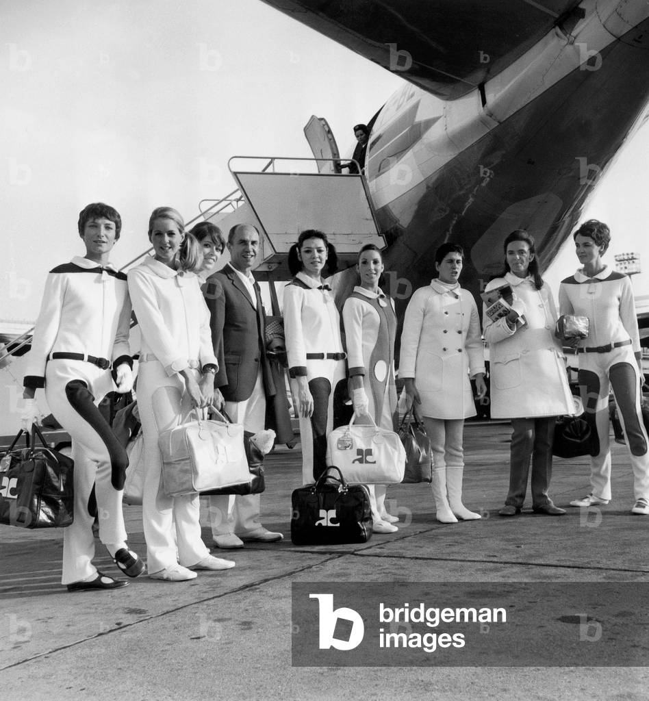 French couturier Andre Courreges with models in Orly before departure to Los Angeles to present new collection November 10, 1967