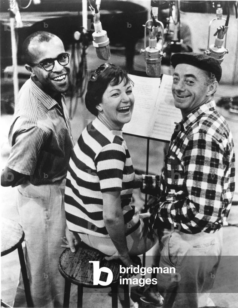 John Hendricks, Annie Ross with Dave Lambert during recording in studio c. 1959