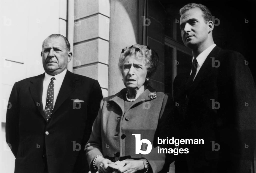 In Lausanne (Switzerland) on October 28, 1967, ex Queen of Spain Dona Victoria Eugenie with her son Juan de Borbon y Battenberg, count of Barcelona (l) and his grandson Prince Juan Carlos (future Juan Carlos 1st of Spain)