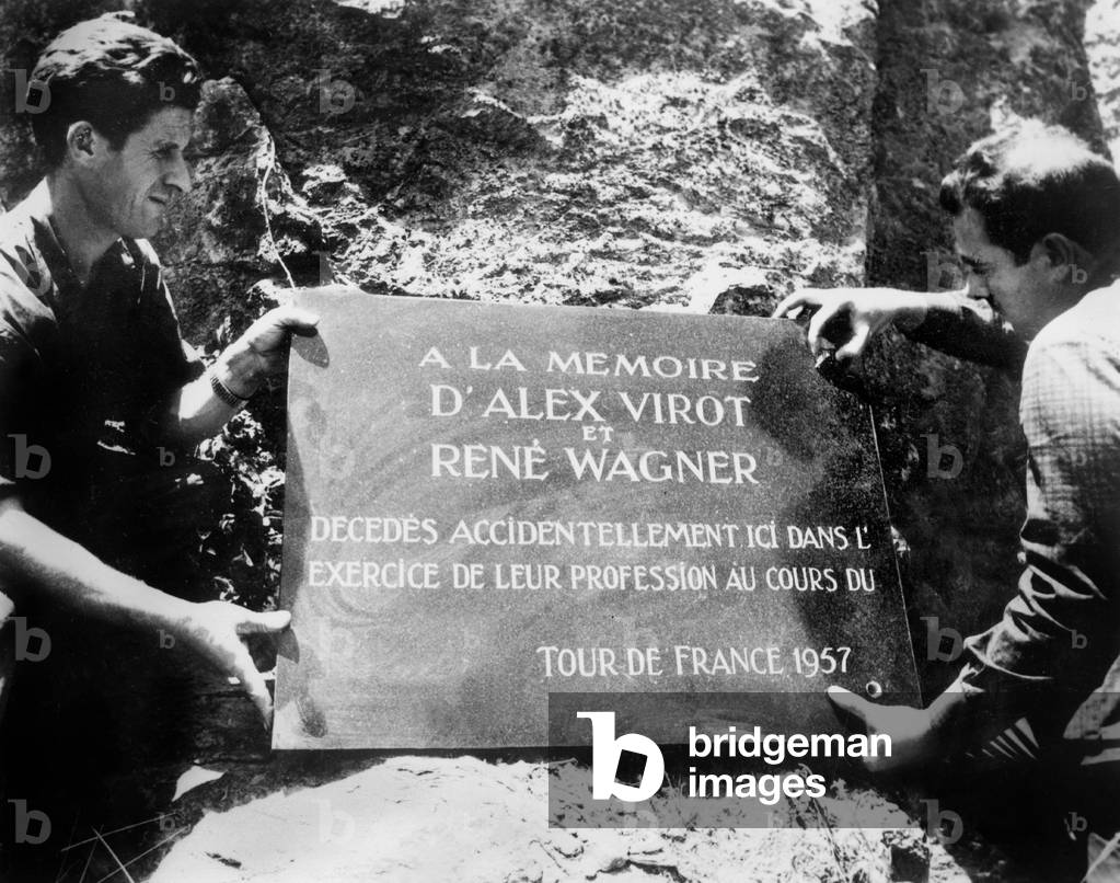 commemorative slab for journalists Alex Virot and Rene Wagner who died during France cycling race 1957, here during France cycling race July 02, 1965 at the very place of their accident at La farga de Bebie near Ripoll