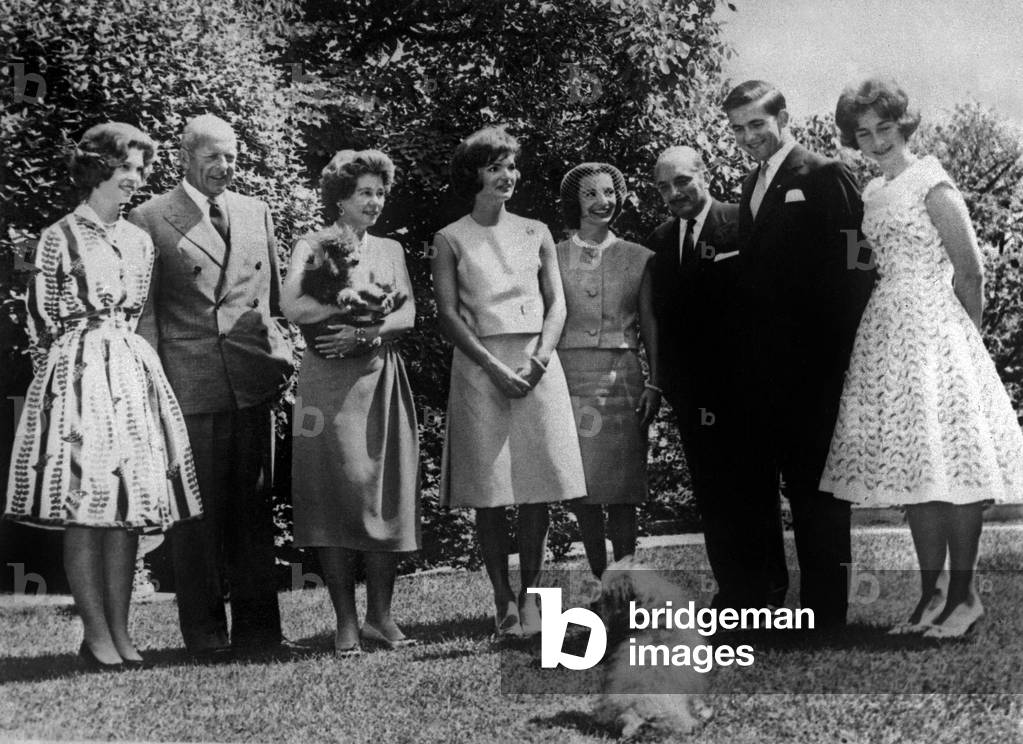 Princess Irene of Greece, her father King  Paul 1st and her mother Queen Frederika of Greece with Jackie Kennedy and her sister Lee Radziwill with husband, and on the right Prince Constantin and his sister Princess Sophie of Greece June 1961