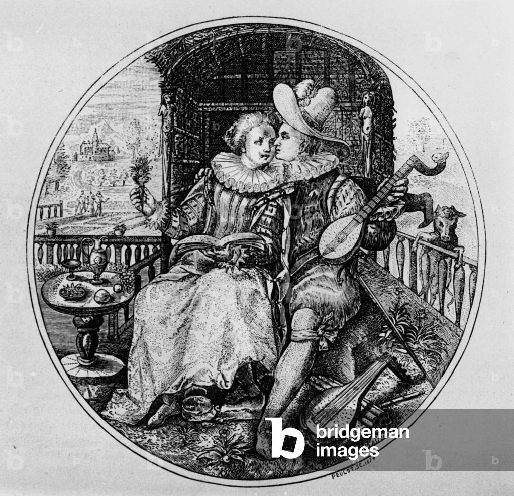 The ages of man : 20 years old : young couple, engraving by Peulot (1874), after Crispin van de Passe (1564-1637)