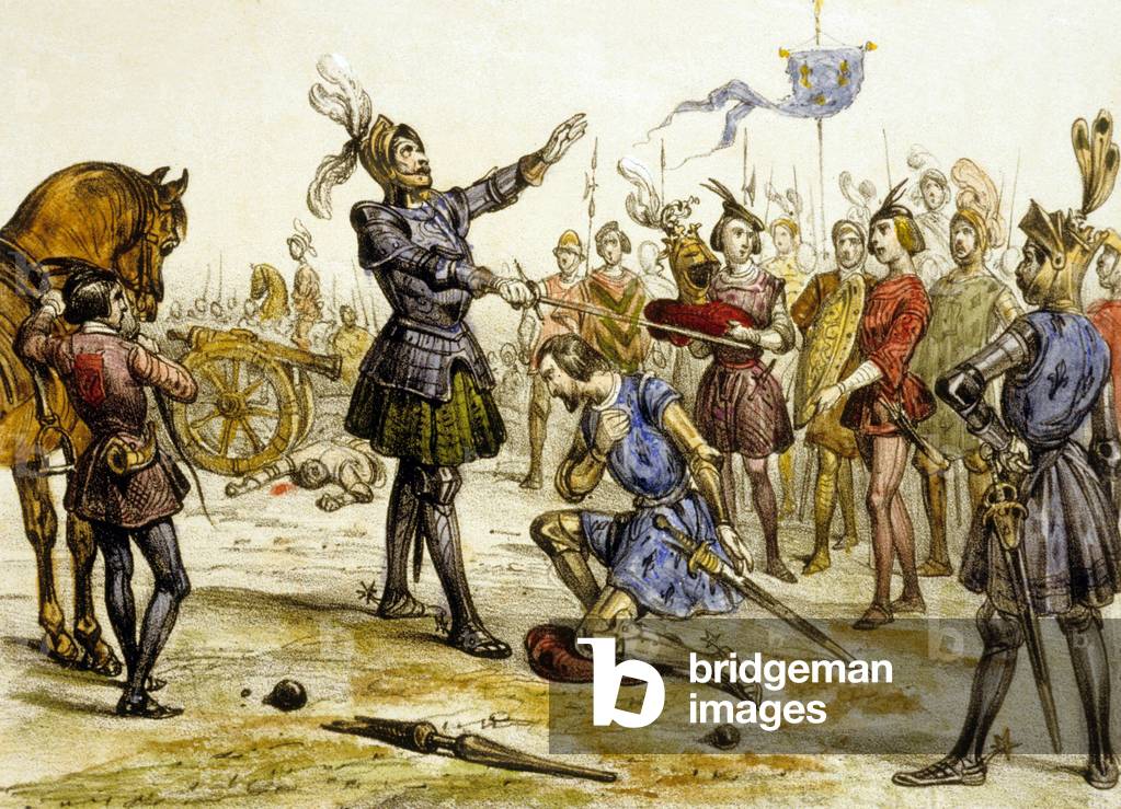 Dubbing of French King  Francois 1st (1494-1547) by the chevalier Bayard (Pierre du Terrail 1475-1524) just after battle of Marignan on September 14, 1515, engraving