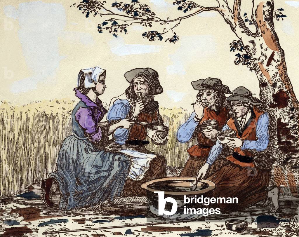 Harvesters during meal, Brittany, France, 1835 (engraving)