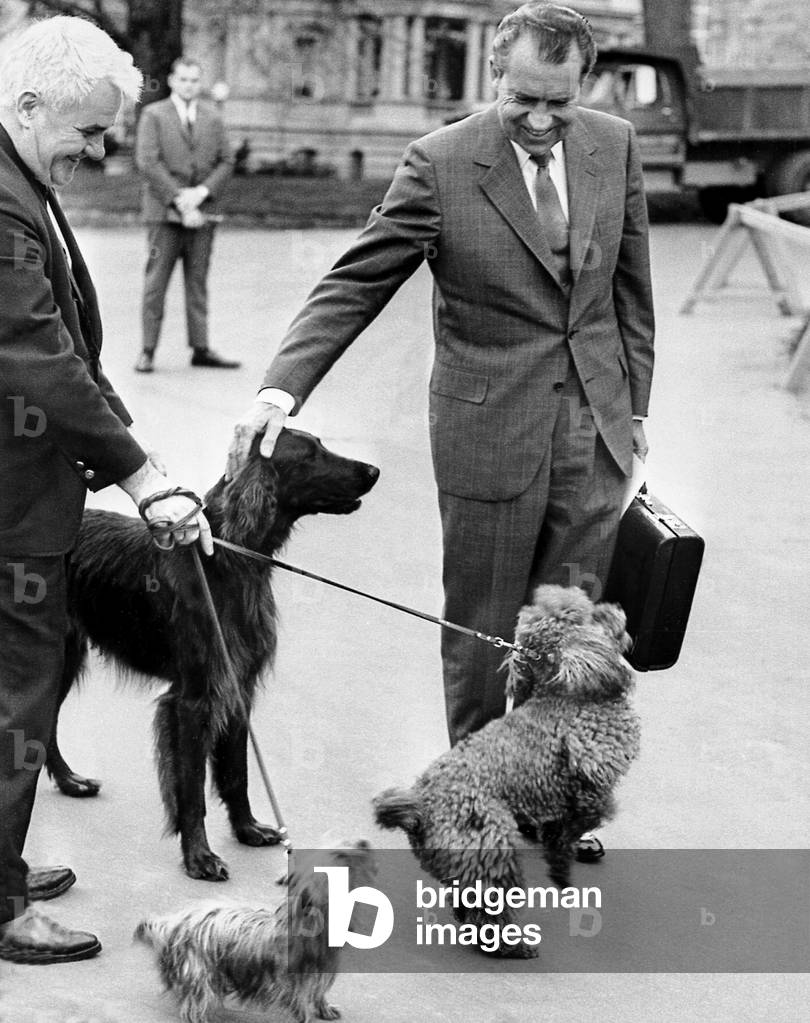 Richard Nixon with dogs in front of the White House in Washington May 9, 1970