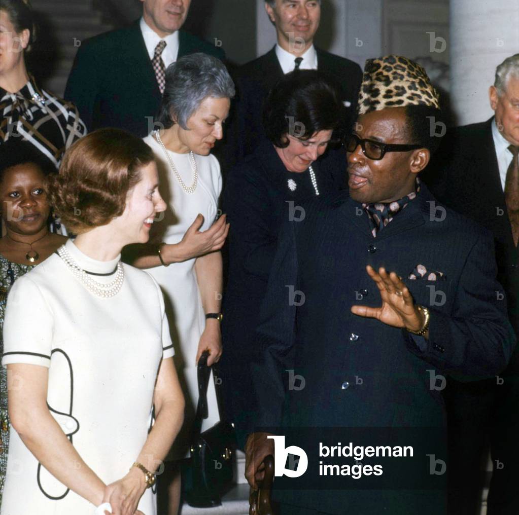 General Joseph Desire Mobutu, President of Congo Kinshasa, with Belgian Queen Fabiola at Brussels royal palace, on June 10, 1968