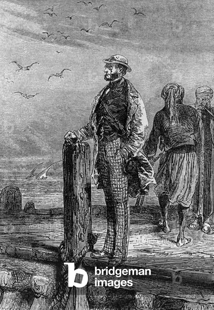 The inspector, engraving illustrating novel by Jules Verne 
