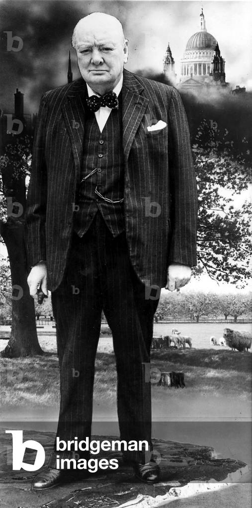 Winston Churchill (1874-1965) English politician, here early 1950's studio picture with burning London in background photomontage