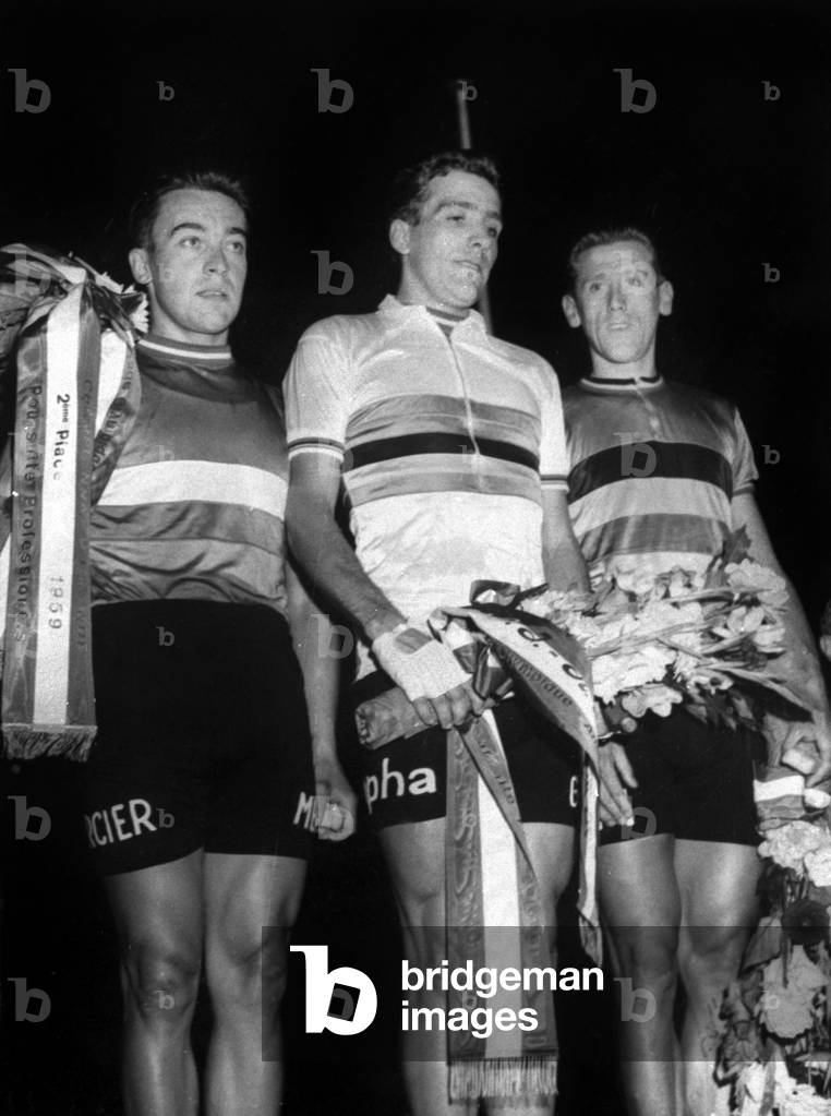After declaration of results of cycling world championship in Amsterdam August 14, 1959 : l-r : Albert Bouvet, Roger Riviere and Jean Brankart