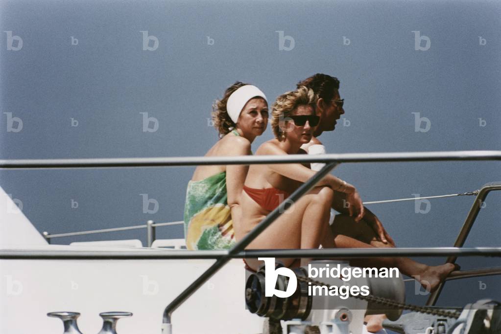 Princess of Wales Diana (Diana Spencer, Lady Di) on holiday in Spain with Prince Charles and Queen Sophie of Spain. 13 August, 1990 (photo)