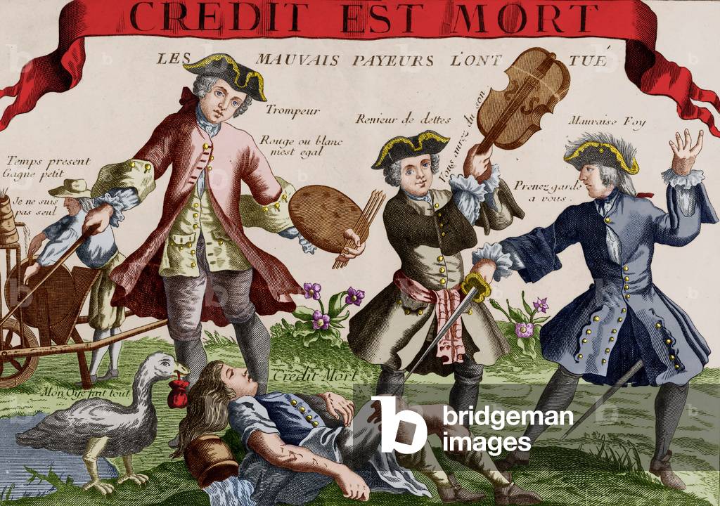 Credit is dead : bad payers had killed him, cartoon, engraving, colourized document, 18th century