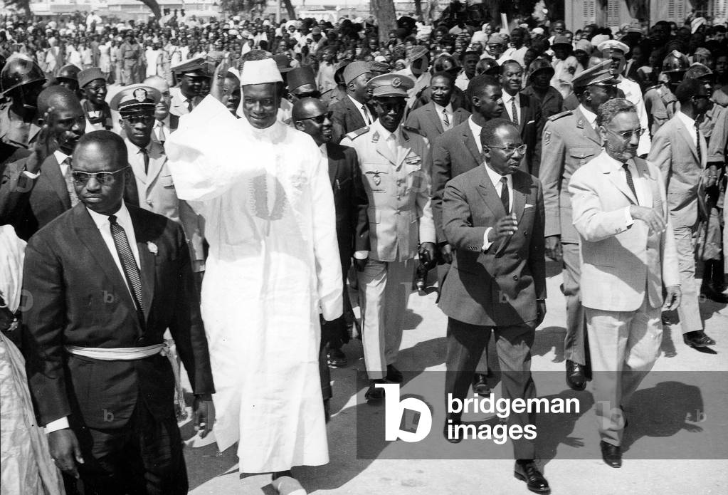 Mali President Keita senegalese President Senghor and Mauritania President Daddah in Saint Louis du Senegal for planning on river Senegal February 13, 1965
