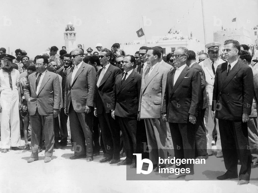 Leaders of the three national maghrebins front: l'Istiqlal Moroccan, Tunisian Neo-Destour and the FLN algerian, meet at the time of the conference of Tangier, in Morocco, from the 27 to April 30, 1958 and proclaim the will of union within the framework of common institutions. Left to right Bahi Ladgham (head of the Neo-Destour delegation), Abdarrahim Bouabid, Belkacem Krim, Ferhat Abbas, Tunisian President Habib Bourguiba and Ahmed Balafrej (Morocco)