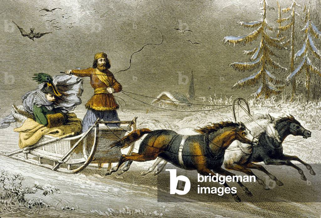 A Sled in the Snow, Russia (colour engraving)