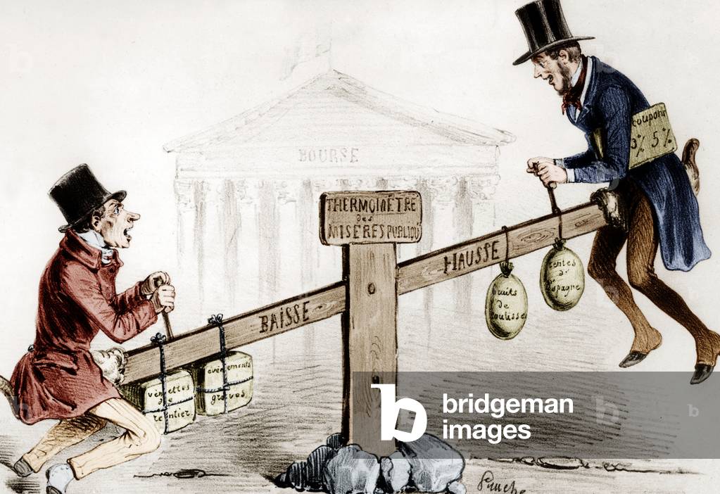 Cartoon about stock exchange and speculators, France, 19th century, engraving