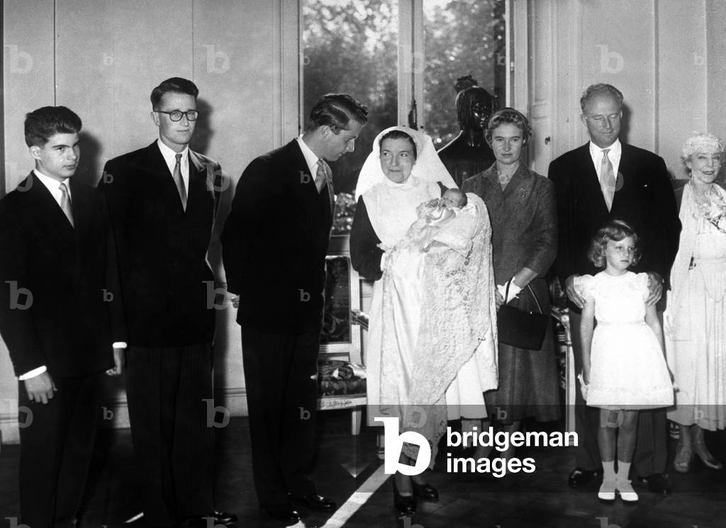 Celebration of birth of Princess Marie Esmeralda in 1956 in Laeken castle, Belgium : prince Alexander of Belgium, King  Baudouin of Belgium, Princess Marie-Esmeralda (baby), Molle de Geyter, Princesse Marie Adelaide de Luxembourg, former King  Leopold III and Princess Marie-Christine