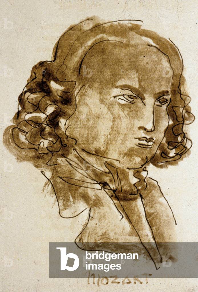 Wolfgang Amadeus Mozart (1756 - 1791) Austrian composer of German origin, pen and watercolour by Antoine Bourdelle 1943