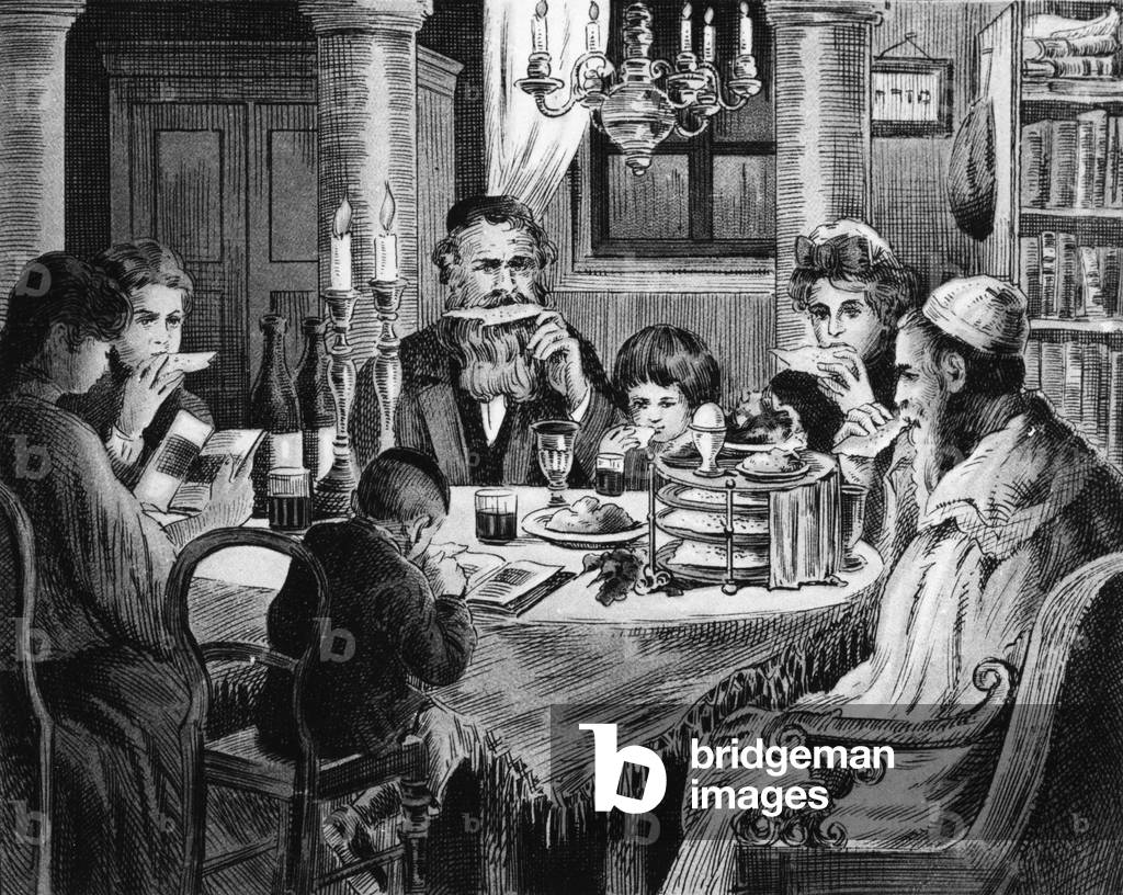 Pessa'h, Passover Seder : family for the meal, engraving, 1930