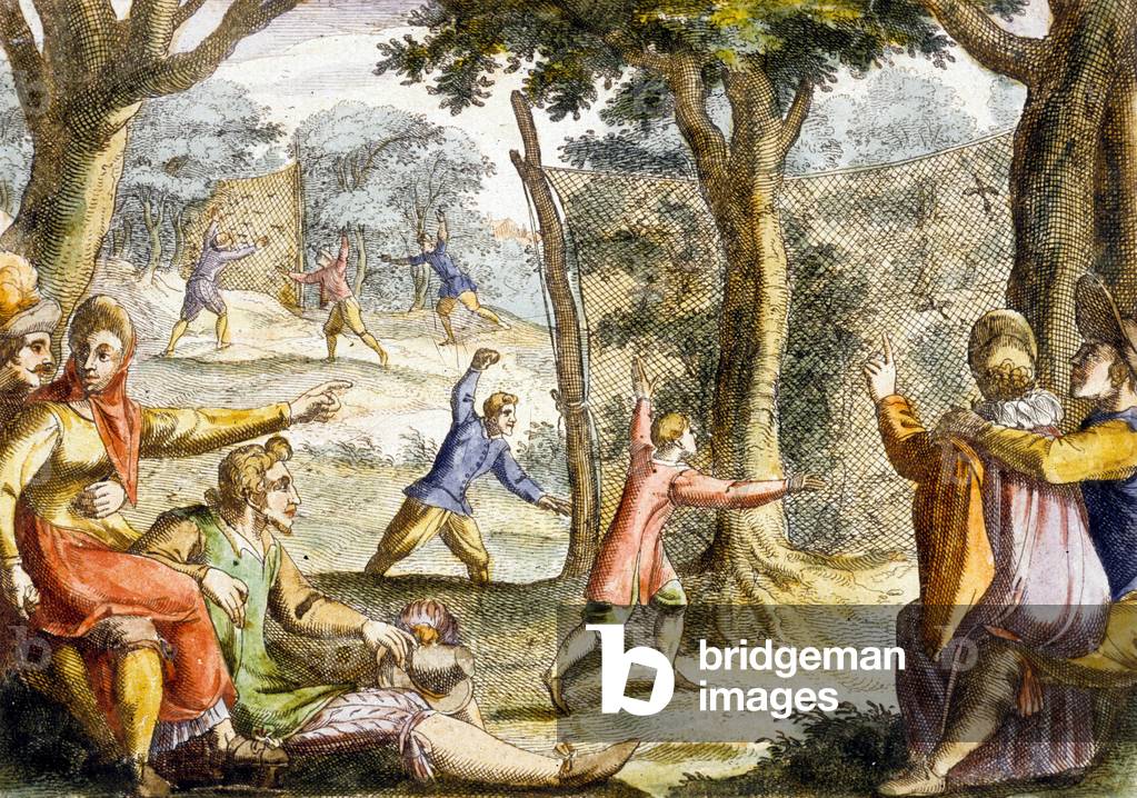 Common Wood Pigeon hunting, 17th century, engraving