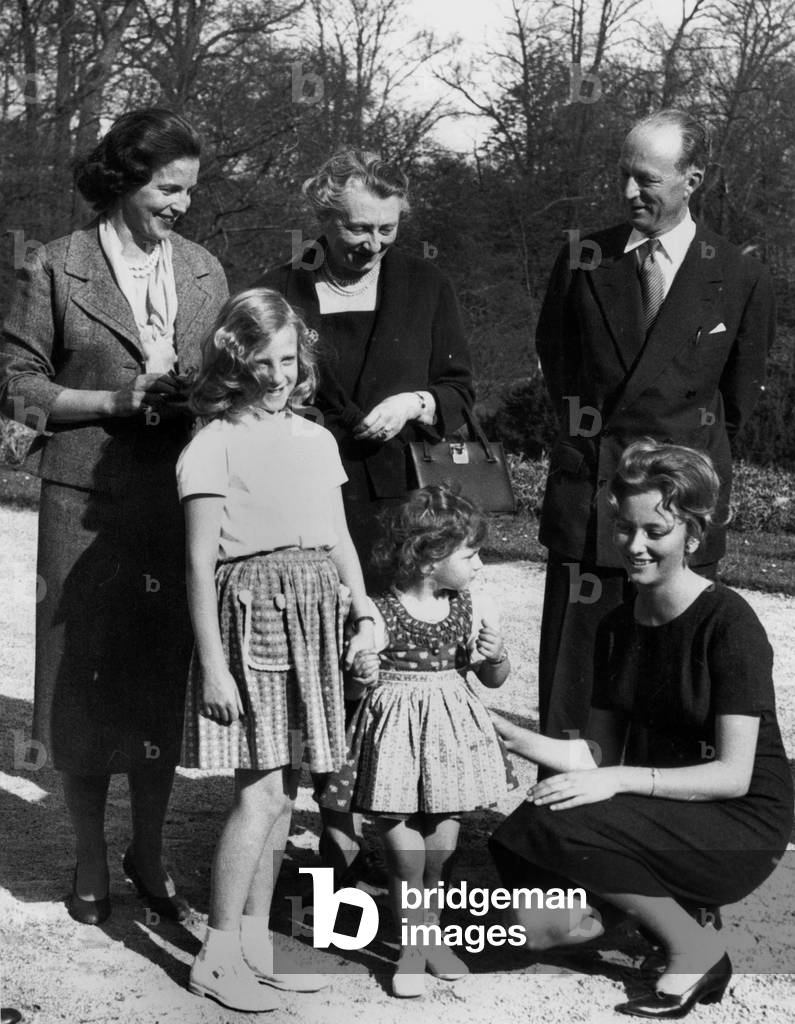 Princess Lilian of Rethy (born Mary Lilian Baels) with her daughters Princess Marie-Esmeralda and Princess Marie-Christine and her husband former King  Leopold III of Belgium, and Paola (born Donna Paola Ruffo di Calabria, future Queen Paola of Belgium) and her mother (countess Luisa Gazelli) at the time of the announce of engagement of Paola and princeAlbert of Belgium (future King  AlbertII) in Laeken castle in Brussels on April 12, 1959