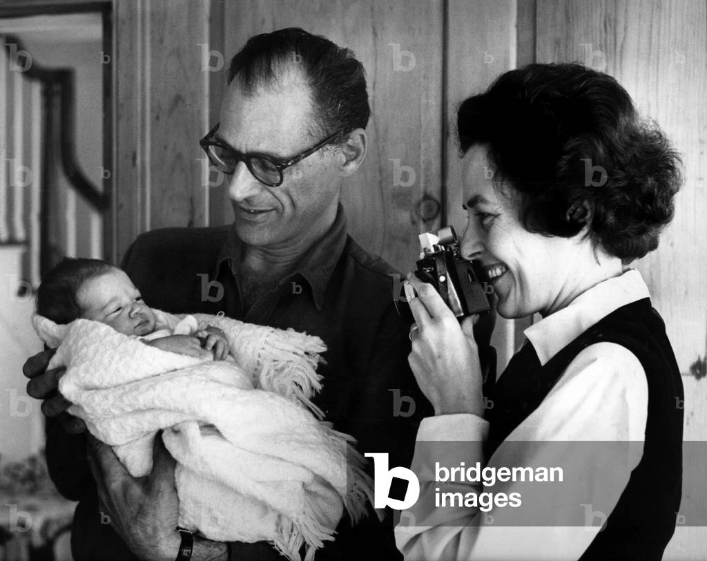 American writer Arthur Miller with is wife Ingeborg Morath and thier baby Rebecca in October 1962