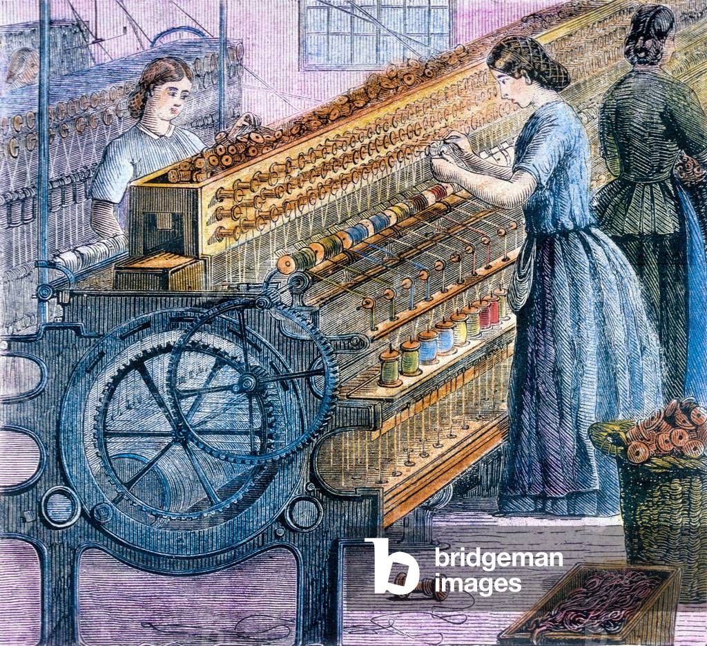 Women working in a textile fActory : thread is twisted, c. 1890, engraving