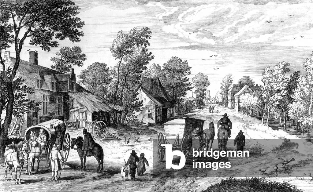 inn and coach in the 16th century, drawing by Joan Brueghel engraving by Sodeber