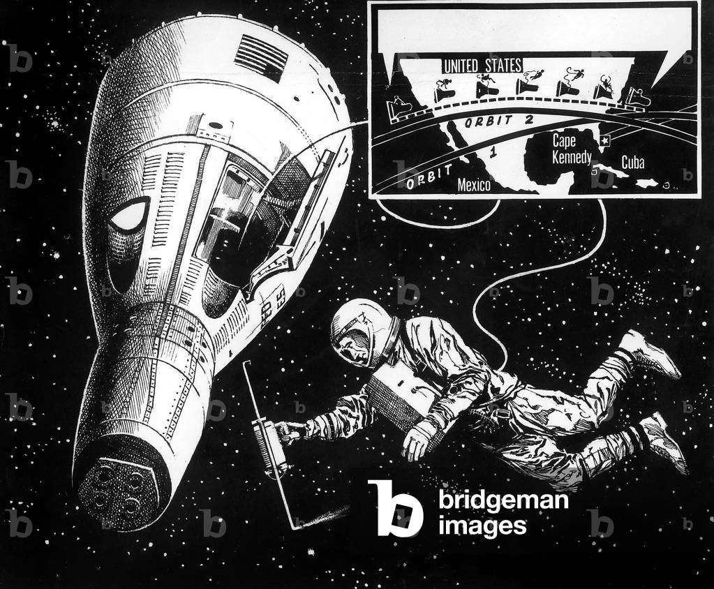 drawing of Astronaut Edward White walking in space outside Gemini IV space capsule June 4, 1965 (Gemini project)