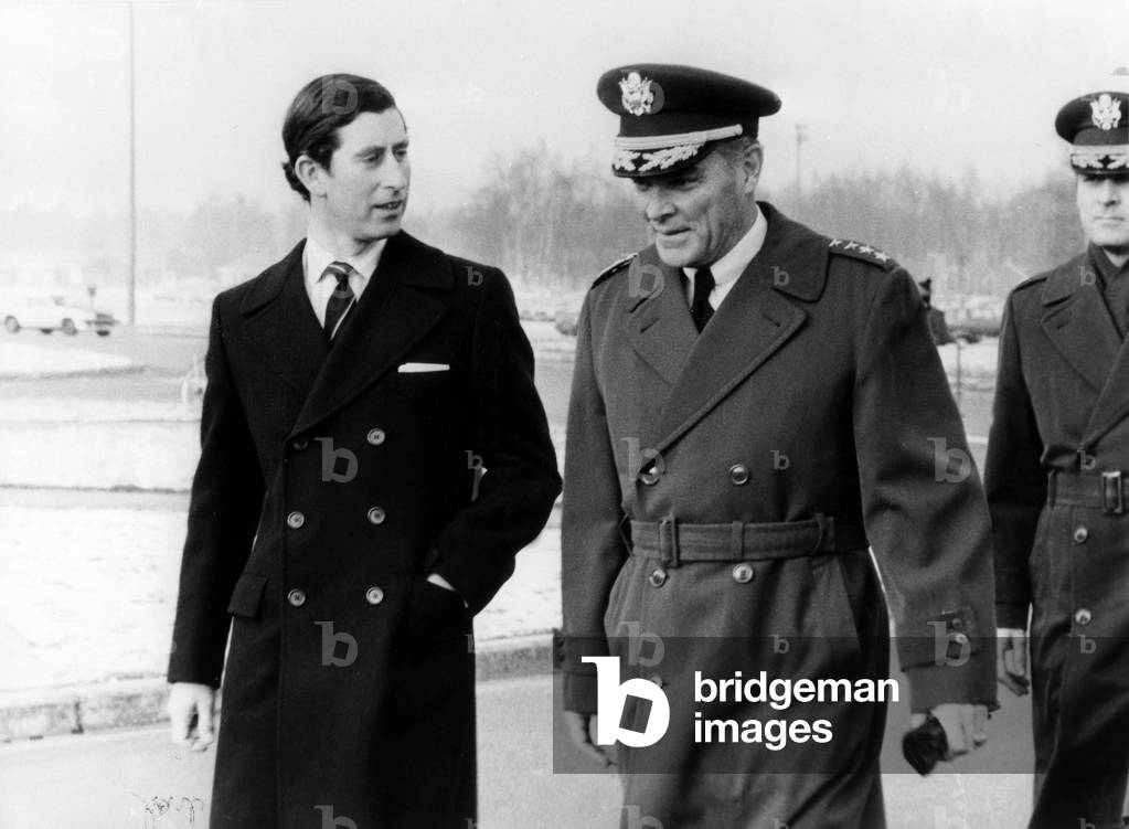 Prince Charles (Future Charles III) and General Alexander Haig (Head of NATO troops) visiting SHAPE in Belgium, November 1978 (b/w photo)