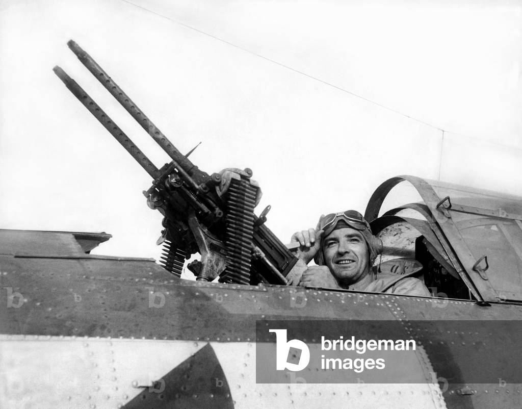 Joseph McCarthy posing as a tail gunner during World War II, 1940s