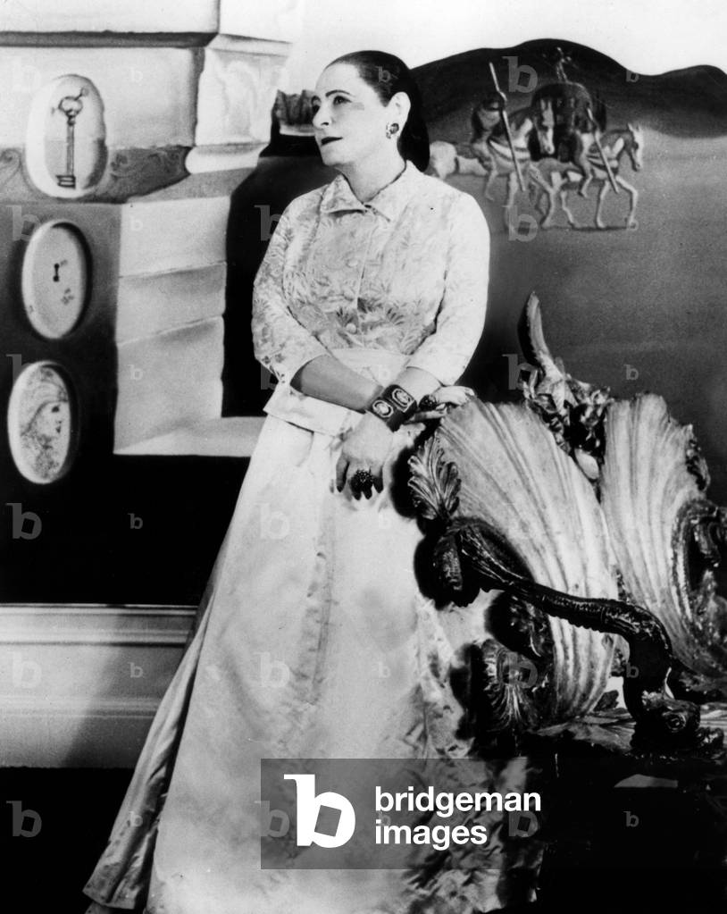 Helena Rubinstein beautician in the Dali room of her new Balenciaga dress apartment in New York.
