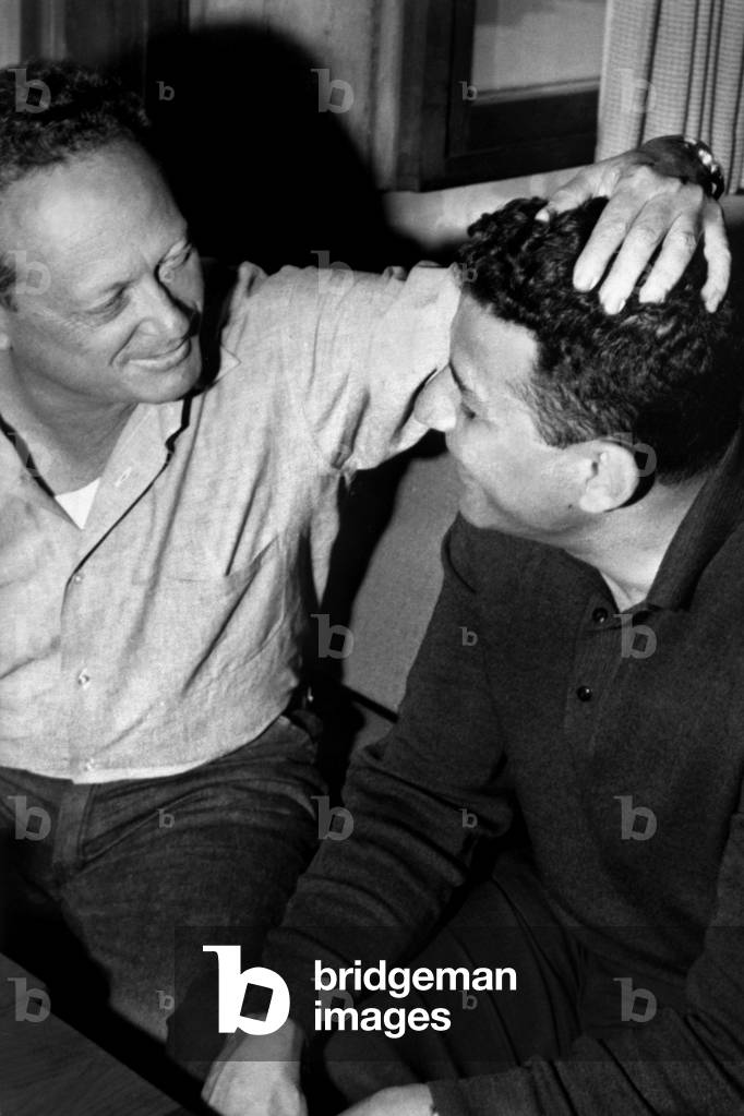 Israeli pilot and peace activist Abie Nathan (r, 1927-2008) and Israeli minister of employment Yigal Allon March 5, 1966 when Abie came back from Egypt