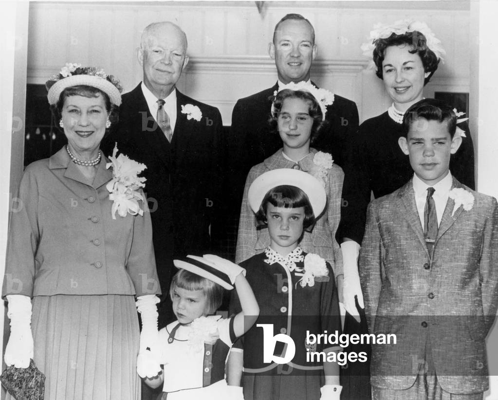 President Dwight Eisenhower and his wife Marie Geneva (aka Mamie) Eisenhower with their family Mary Jean (4), Susan (8) Barbara Ann (10) and David (12) in 1959