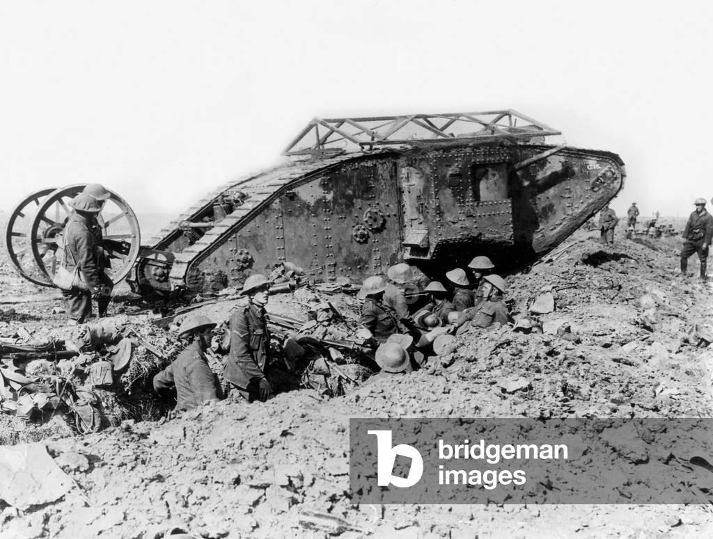 An English Mark I tank crossing on its way to attack Thiepval, Battle of the Somme, 25th September 1916 (b/w photo)