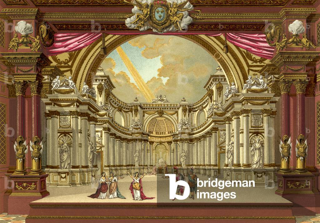 Theatre du chateau de Versailles, 1685 VERSAILLES THEATRE 1685 Stage-set designs for productions by Mansard and Vigarani at Versailles Lithograph by Spiegel 'L'ancienne France, Le Theatre et la Musique' (front)
