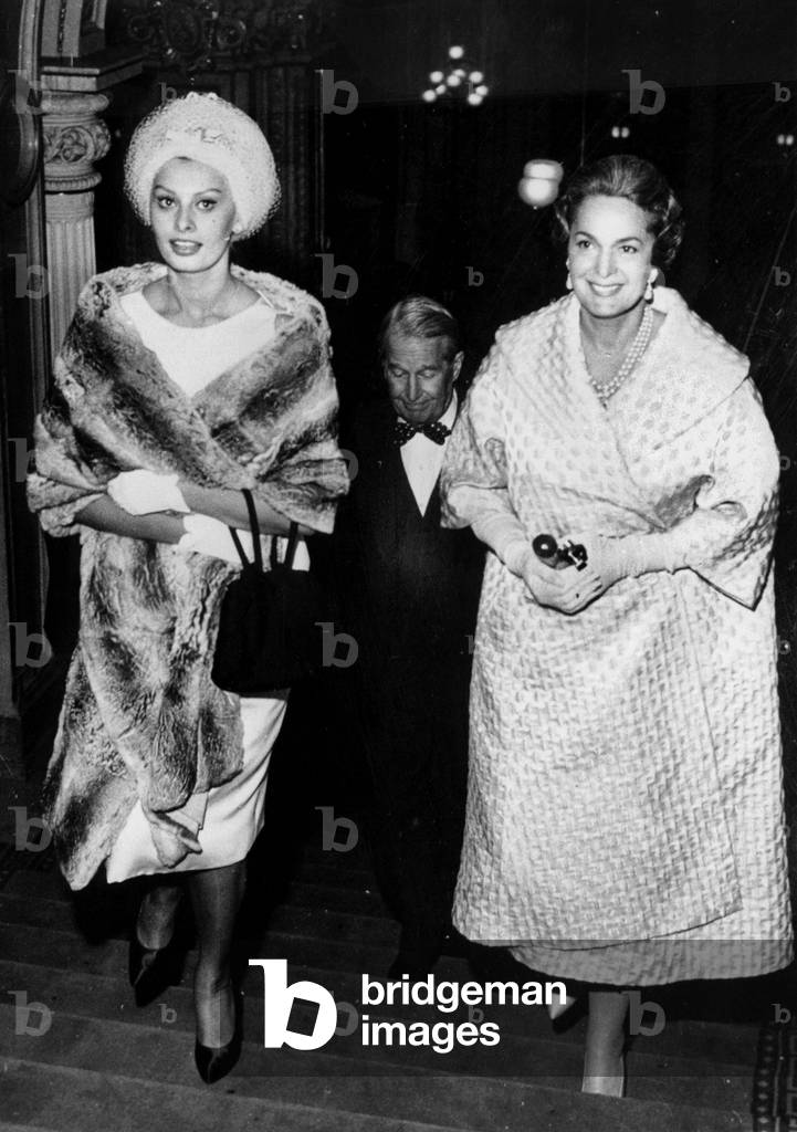 The Begum (fourth and last wife of shah Aga Khan III) with Actress Sophia Loren and Singer Maurice Chevalier in Vienna July 2, 1959