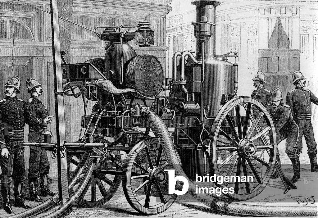 Firemen in Paris : steam pump, Thirion system, after a photo made after fire of the Opera Comique May 25, 1887), engraving by Louis Poyet