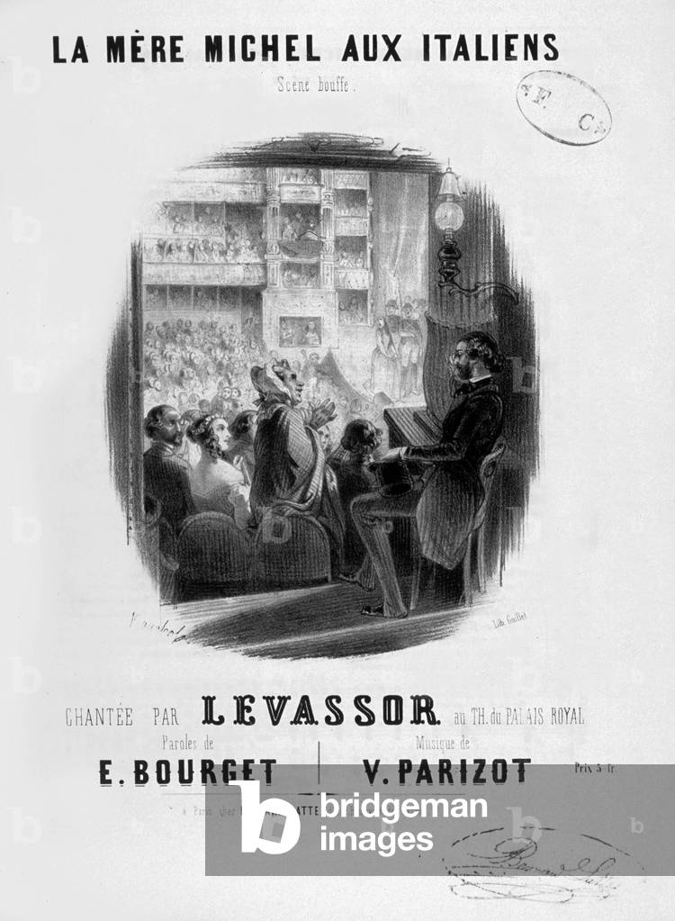 Sheet music cover La mere michel aux italiens scene bouffe sung by Levassor at the theatre du Palais royal lyrics by E. Bourget music by V. Parizot