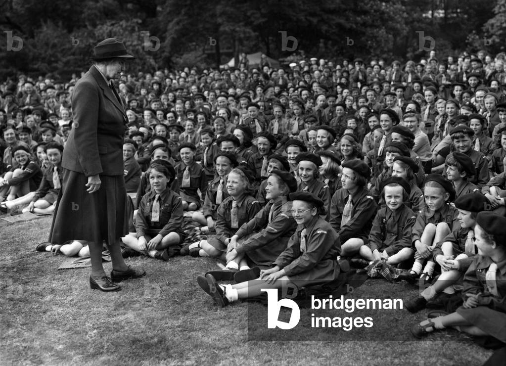 Lady Olave Baden-Powell, co-founder of the Scout movement, here during a meeting of girl scouts at Lambeth Palace, London, May 26, 1956