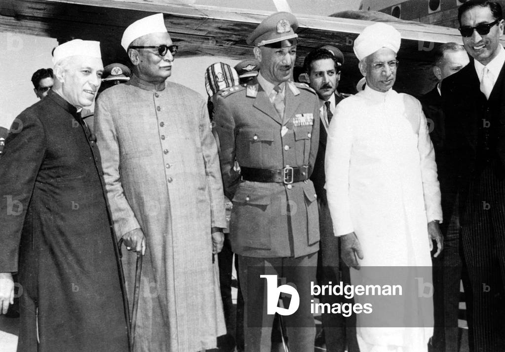 Nehr, Prasad, King  Mohamed Zaher Shah of Afghanistan and Sarvepalli Radhakrishnan in New Delhi, India, feburary 17, 1958
