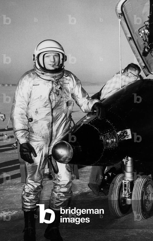 Dryden pilot Neil Armstrong is seen here next to the X-15 ship #1 (56-6670) after a research flight. January 1st 1960
