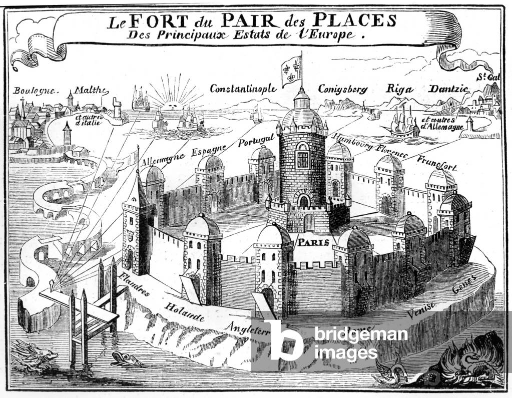 Paris and the main trading towns int he world, 17th century engraving illustrationg 