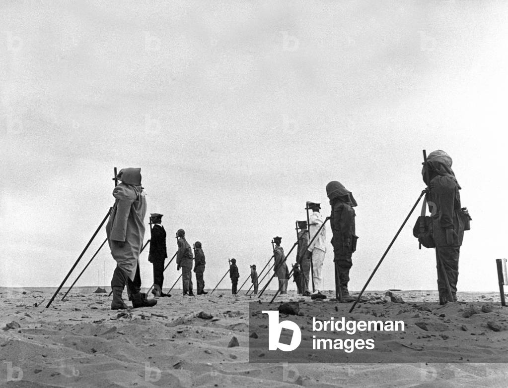 3rd French nuclear test on December 27, 1960 in Reggane, Sahara, Algeria : dummies wearing uniforms near place of the explosion to study protection of soldiers