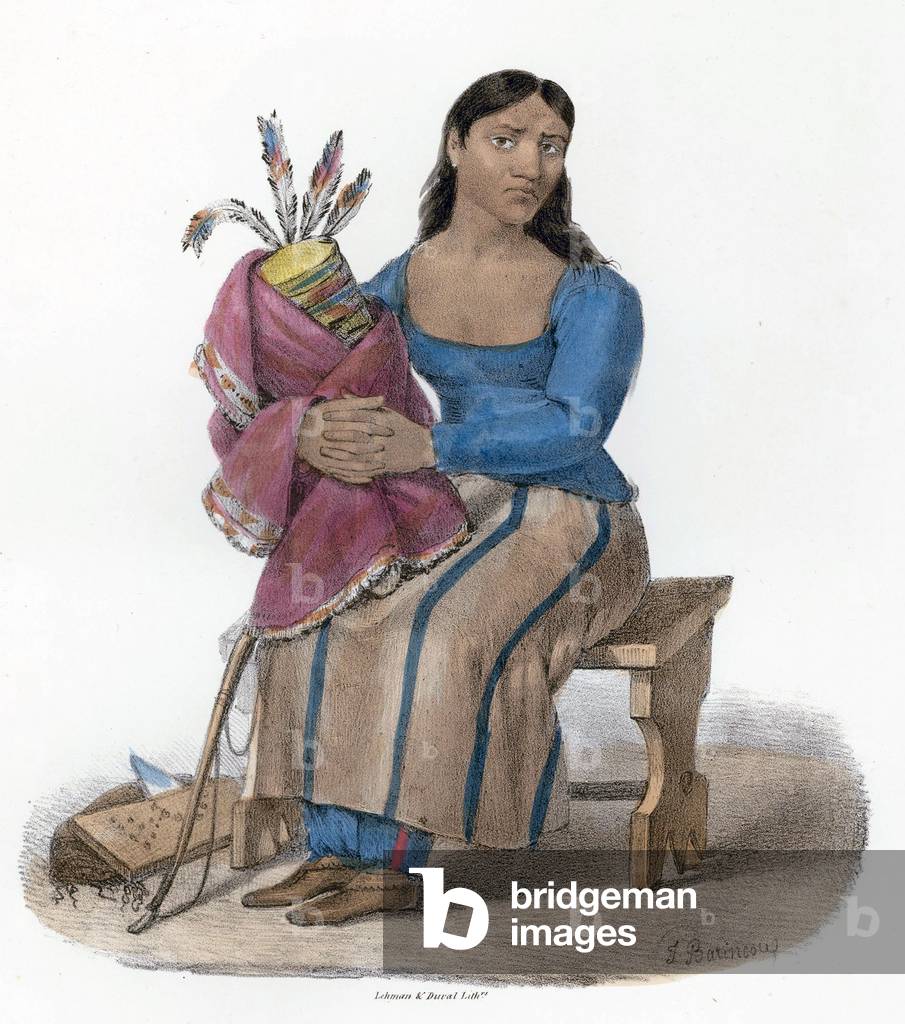 Ta-ma-kake-toke, or the Woman that Spoke First, a mourning Chippeway (Ojibwa) Squaw. Hand-coloured lithograph from the Aboriginal Portfolio, painted at the Treaty of Fond du Lac (1827).