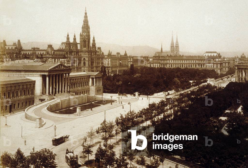 Vienna, Austria, 1897 : the Ring with Austrian parliament and the city hall (Rathaus)